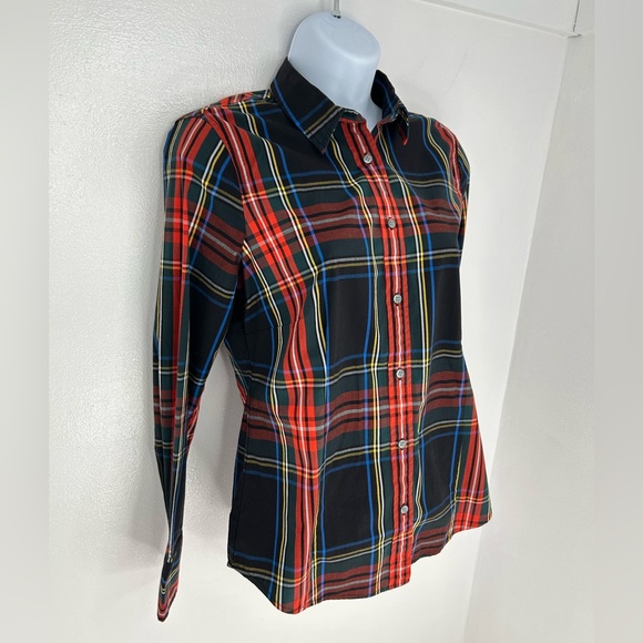 J. CREW Curvy Tartan Plaid Button Down Shirt Size 2 Red Black Holiday Preppy - Picture 3 of 11